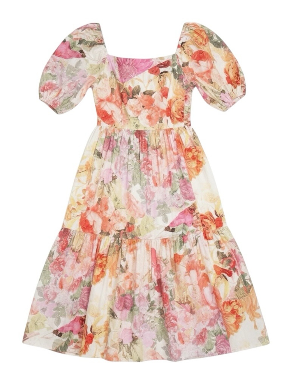 Vince Camuto Watercolor Floral Print Puff Sleeve Cotton Midi Dress Size 10